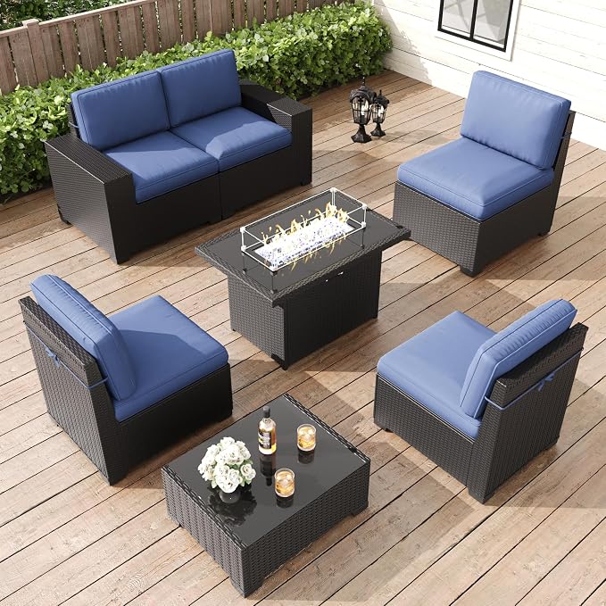 LayinSun 7 Pieces Patio Furniture Set with Fire Pit Table, Black Rattan Modular Sectional Patio Conversation Sofa Set
