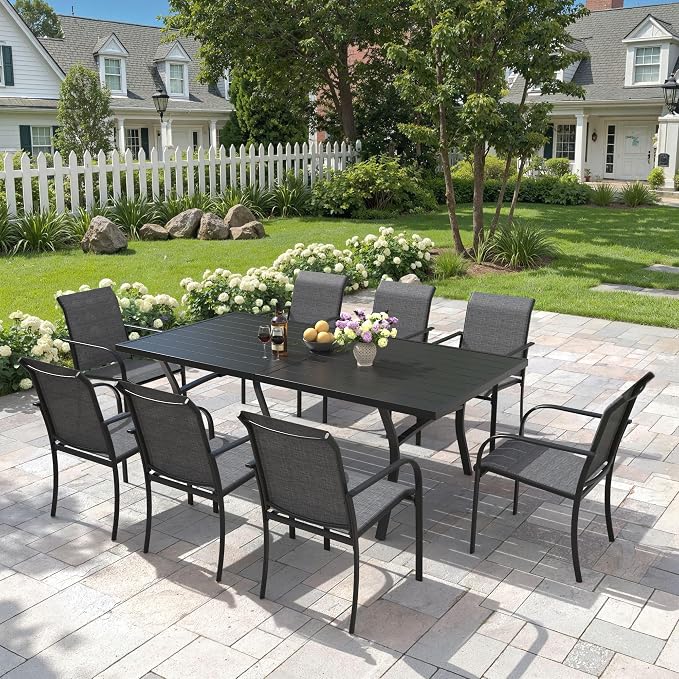 9 Pieces Patio Dining Set, 71" Rectangular Dining Table with Umbrella Hole, 8 Stackable Textilene Fabric Chairs, Metal Structure for Patio, Porch, Garden(Grey Table, Grey Chair)