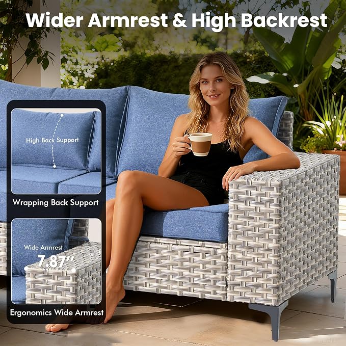 Patio Furniture Set, 4 Pieces Outdoor Wicker Conversation Sets with Coffee Table Outdoor Sectional Sofa for Balcony Backyard Poolside Garden Lawn (Blue)