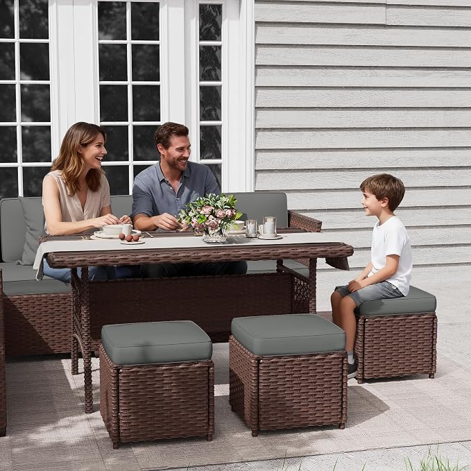 KIGOTY 7 Piece Patio Furniture Set, Outdoor PE Wicker Rattan Outdoor Dining Set, Patio Table and Chairs Set, Patio Conversation Sofa Set with Dining Table and Ottoman(Brown-Grey)