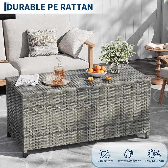 125-Gallon Outdoor Deck Box with Wheels, Waterproof PE Rattan & Aluminum Frame Storage Bin, Lockable Patio Furniture Chest for Cushions, Garden Tools, Pool Toys, Gray