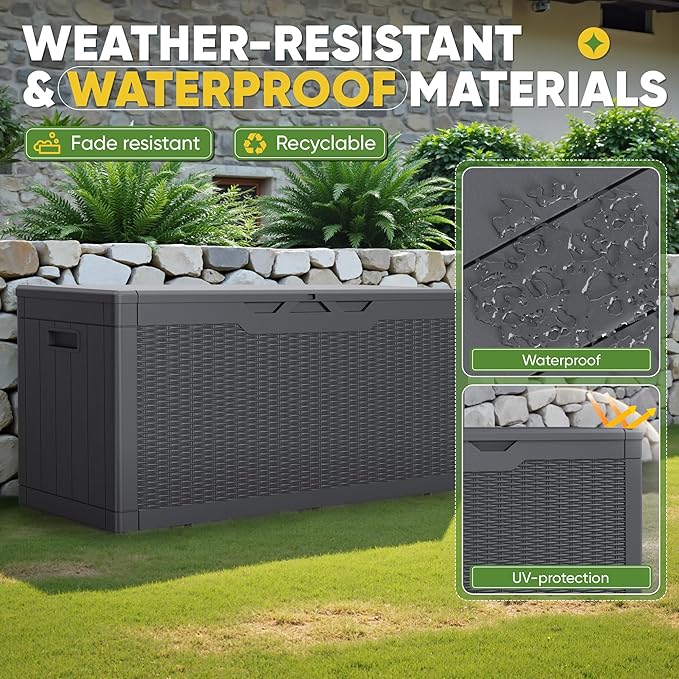 Greesum Outdoor Storage Box 100 Gallon Storage Bin with Lid for Patio Furniture, Garden Tools, Pool Supplies, Lockable, Waterproof and UV Resistant, Gray