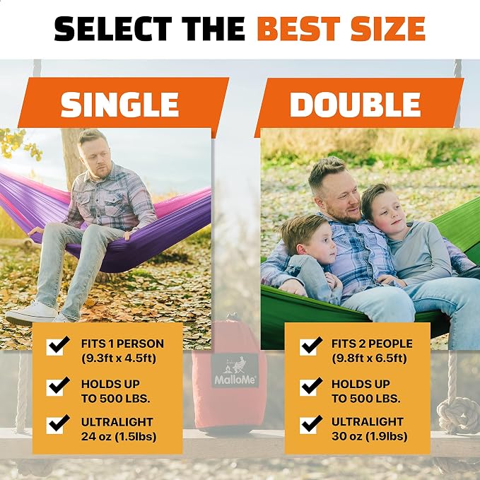 MalloMe Camping Hammock for Adults & Kids - Portable Hammocks for Outside - Hamacas para Adultos Outdoor Single & Double Two 2 Person Hammock - Hamaca/Hamacs/Amacas Heavy Duty Tree Travel Hamock