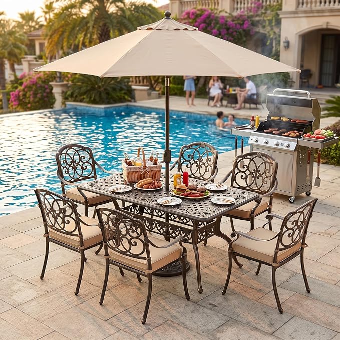 7-Pcs Cast Aluminum Patio Dining Set,59" Rectangular Table,Bronze | Outdoor Furniture Set Include Dining Table and 6 Stackable Chairs with Cushions & Umbrella Hole