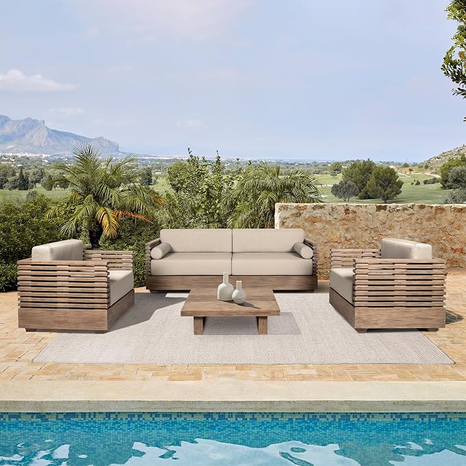 Armen Living Vivid Outdoor Patio 4 Piece Conversation Set in Light Eucalyptus Wood with Taupe Olefin Cushions