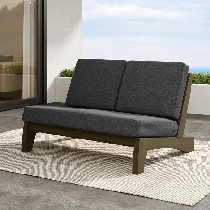 Outdoor Furniture Patio Couch, Weather Resistant Patio Loveseat Sofa Couch with Removable Cushion & Pillows, Teak Wood Frame for Porch & Backyard Seating - Dark Gray