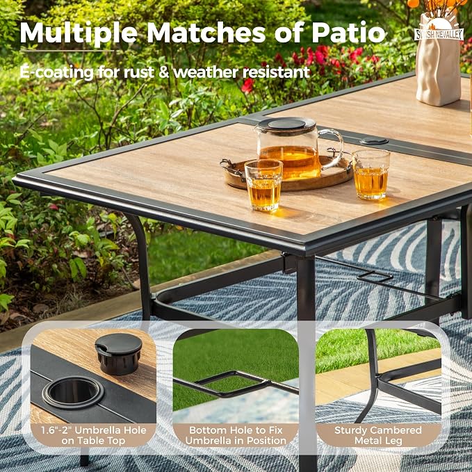 SUNSHINE VALLEY 7 Pcs Patio Dining Set for 6, Rectangular Metal Dining Table (PVC Table Top) with Umbrella Hole and 6 Chairs, Outdoor Dining Set for Lawn Garden Deck, Red