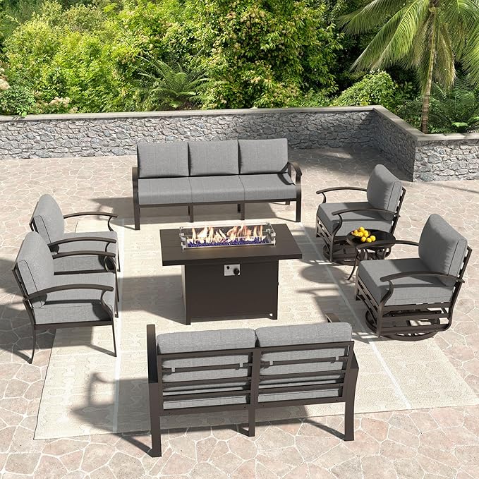 Kullavik Aluminum Patio Furniture Set,8 Piece Modern Metal Outdoor Patio Furniture w/5.1'' Thick Cushion,Swivel Chairs and Propane Fire Pit Table,Patio Conversation Sets for Porch,Deck,Grey
