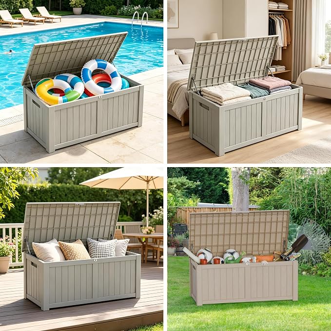 Outdoor Storage Deck Box, Large Patio Container for Garden Tools, Cushions and Yard Accessorie.Lockable Waterproof Resin Weatherproof Storage Container (Light Brown, 180 Gallon)