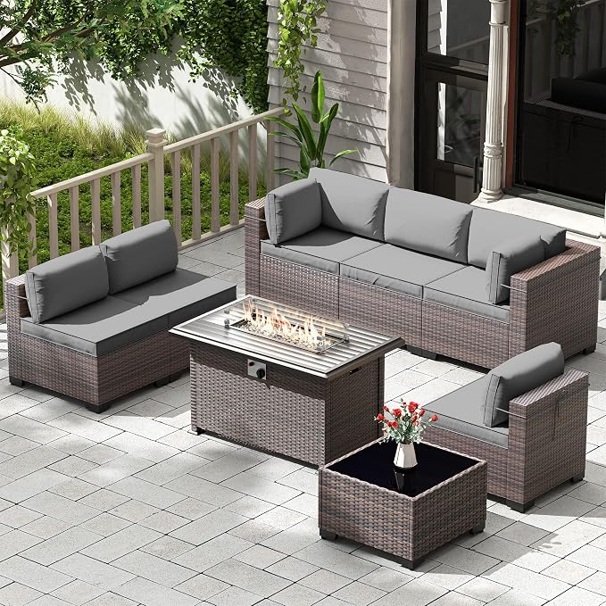 Kullavik 8 Pieces Outdoor Patio Furniture Set,Sectional Sofa Set with 43" 55000 BTU Gas Propane Fire Pit Table,Brown PE Rattan Wicker Patio Conversation Set,Grey