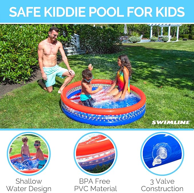SWIMLINE Americana 3 Ring Kiddie Pool 60'' X 12'' | For Kids Toddlers Children Adults| Ball & Sand Pit Outdoor Indoor Garden Backyard Summer Fun | Blow Up Thick Durable Inflatable Splash Pad Sprinkler