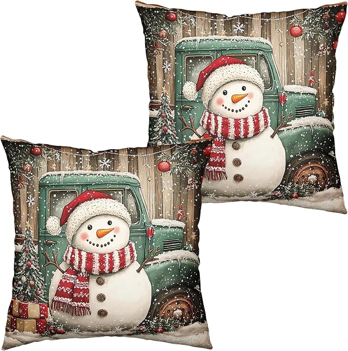 Christmas Snowman Pillow Covers 20x20 Set of 2 Green Xmas Truck Throw Pillow Covers Wooden Pattern Background Pillowcase Winter Holiday Cushion Case for Living Room Sofa Couch