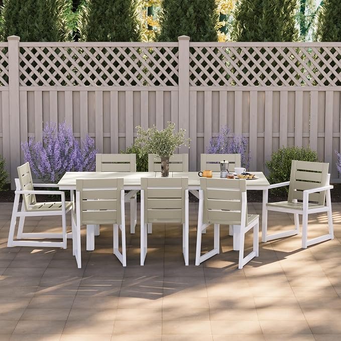 WestinTrends Cape May 9-Piece HDPE Outdoor Furniture Patio Dining Table with Umbrella Hole and Chairs Set for 8, Sand