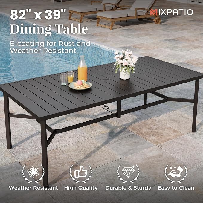 MIXPATIO 9 Pieces Patio Table and Chairs Set, Patio Dining Set for 8, 8 Textilene Chairs and 83” Rectangular Patio Dining Table with Umbrella Hole, for Deck Backyard Lawn Poolside, Blue