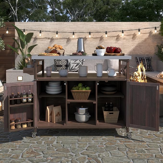 Outdoor Deck Box Storage Cabinet with Stainless Steel Countertop, 50 Inch Solid Wood Patio Storage Box on Wheels for Garden Tools, Grill Prep, and Pool Accessories, Dark Brown