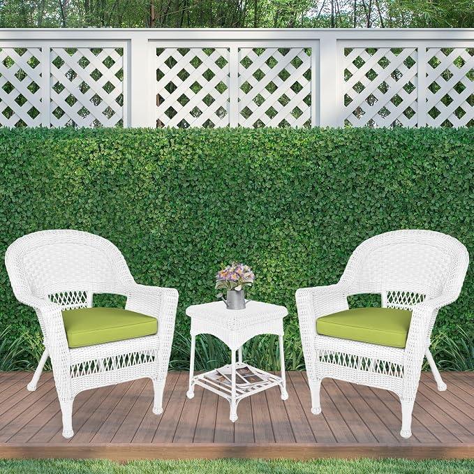 Jeco 3 Piece Wicker End Table Set with with Green Chair Cushion, White