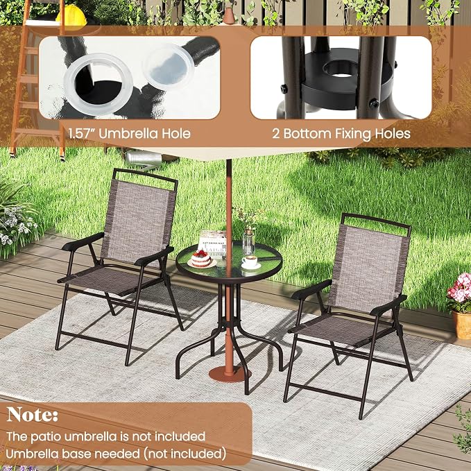 DORTALA Outdoor Bistro Set 3 Piece, Small Patio Furniture Set with Round Table & Folding Dining Chairs, Umbrella Hole, Conversation Set for Balcony, Porch, Backyard, Deck