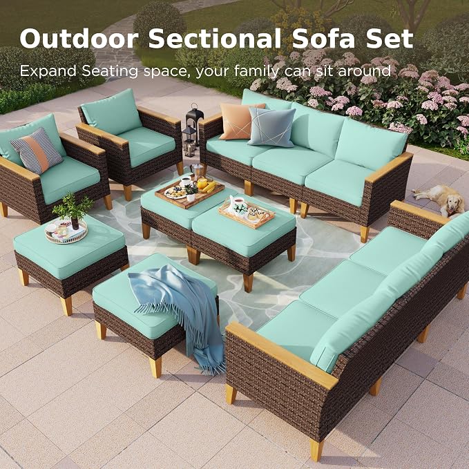PHI VILLA 12-Piece Outdoor Sectional Wicker Furniture Set, Large Rattan Patio Conversation Set for 12 Seats with Cushioned 2 x Single Sofa, 4 x Armrest Chair, 4 x Ottoman and 2 x Armless Chair, Blue