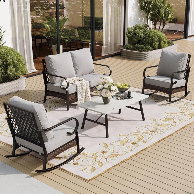 SUNSHINE VALLEY 4 Piece Metal Outdoor Patio Furniture Sets, Patio Conversation Sets 1 Loveseat, 2 Rocking Sofa with 5.75" Extra Thick Cushion & Coffee Table, Balck Frame Backyard Furniture, Light Gray