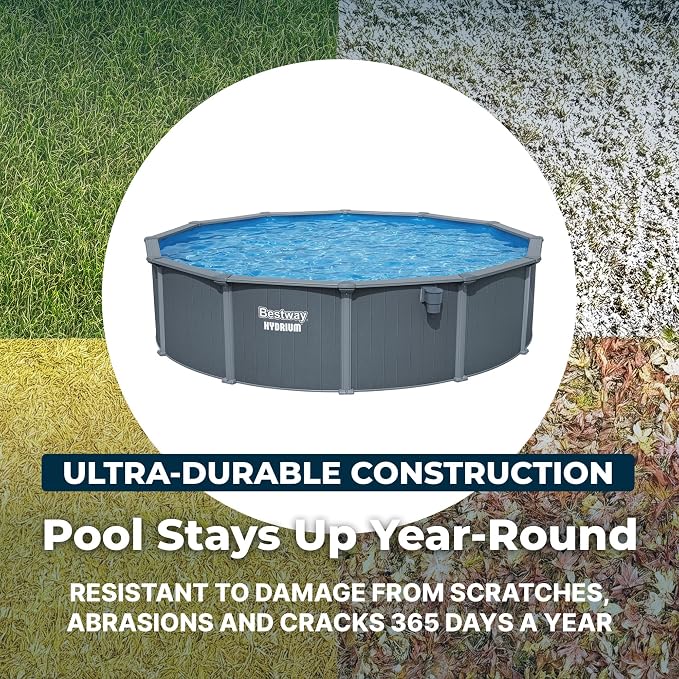 Bestway Hydrium 18' x 52" Above Ground Pool, Round Steel Side Wall Frame Outdoor Swimming Pool Set with Sand Filter Pump, Polysphere Filtration Balls, Ladder & Accessories