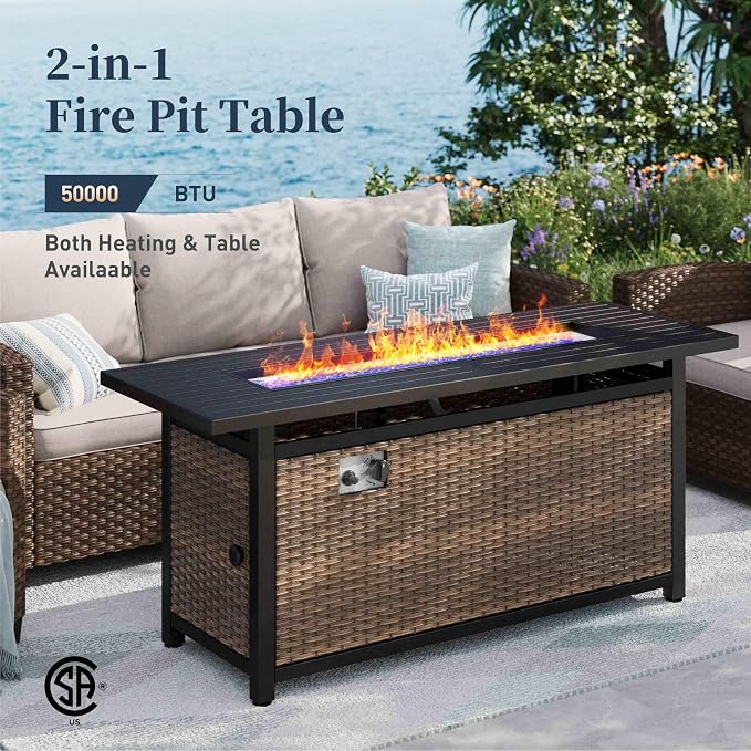 SUNSHINE VALLEY Patio Furniture Set Outdoor Furniture Brown Wicker Rattan Patio Conversation Sets with Cushion Outside Sofa Set,8 Pieces with Rectangular Firepit Table,12 Seats,Beige