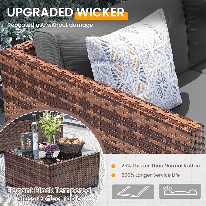UDPATIO Patio Furniture Set with 44'' Fire Pit Table, 8 PCS Outdoor Sectional Furniture Sets, Slanted Back Outdoor Conversation Set PE Rattan Sofa for Porch W/Coffee Table, Grey