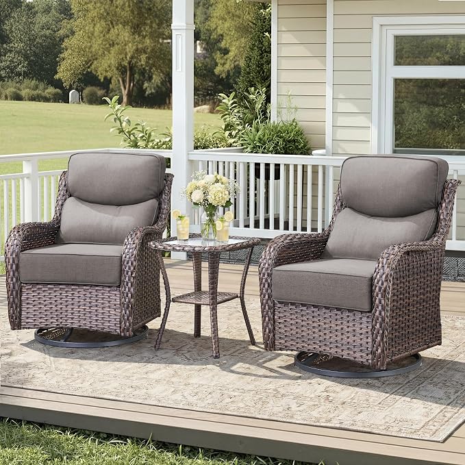 Luxury Outdoor Swivel Rocker Patio Chairs-3 Piece Wicker Patio Rocking Chairs Set of 2 with Glass Side Table 6" Thick Cushions High Back Outdoor Furniture Sets for Deck Porch Balcony(Brown/Grey)