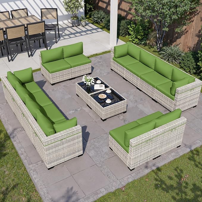 7-Piece Outdoor Patio Furniture Set, PE Wicker Rattan Sectional Sofa Conversation Set with Tempered Glass Table & Thick Cushions - All-Weather Garden, Backyard Furniture, Avocado Green