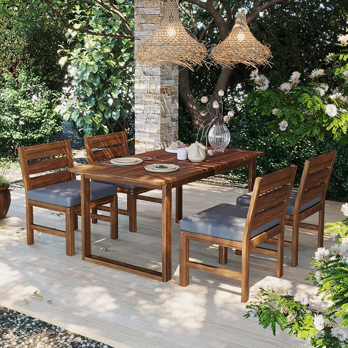 Acacia Wood Outdoor Dining Set for 4, All-Weather Patio Dining Set with Rectangle Dinning Table and 4 Chairs& Cushions for Garden Backyard Lawn (Brown+Gray c)