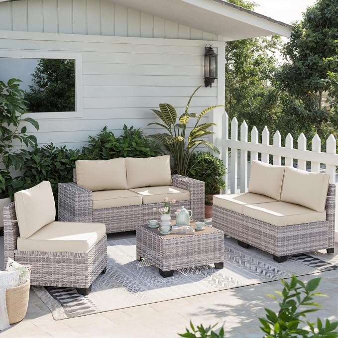 12-Piece Outdoor Patio Furniture Set Wicker Sectional Sofa Set, Patio Conversation Set with Thickened Cushions & Coffee Table for Garden, Backyard, Poolside, White