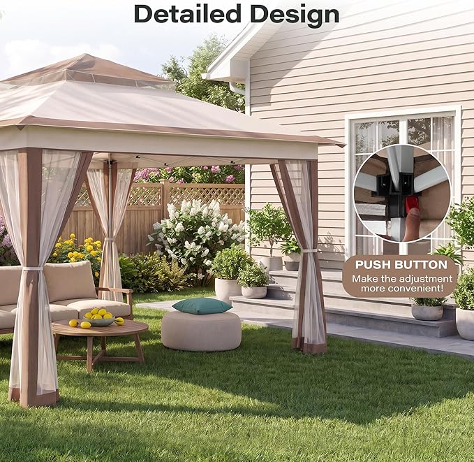 LAUSAINT HOME 12x12 Pop Up Gazebo Canopy Tent with Mosquito Netting, Instant One-Push Setup, Adjustable Height Outdoor Canopy Shelter with Carry Bag for Patio, Backyard, Camping, Parties & BBQs, Khaki