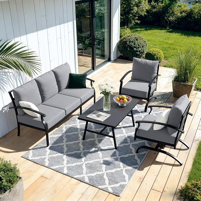 Kullavik Patio Furniture Set,4 Piece Metal Outdoor Patio Furniture Set,All Weather Modern Patio Conversation Sets w/3 Seater Sofa,2 Single Sofas and Coffee Table for Balcony Deck,Grey