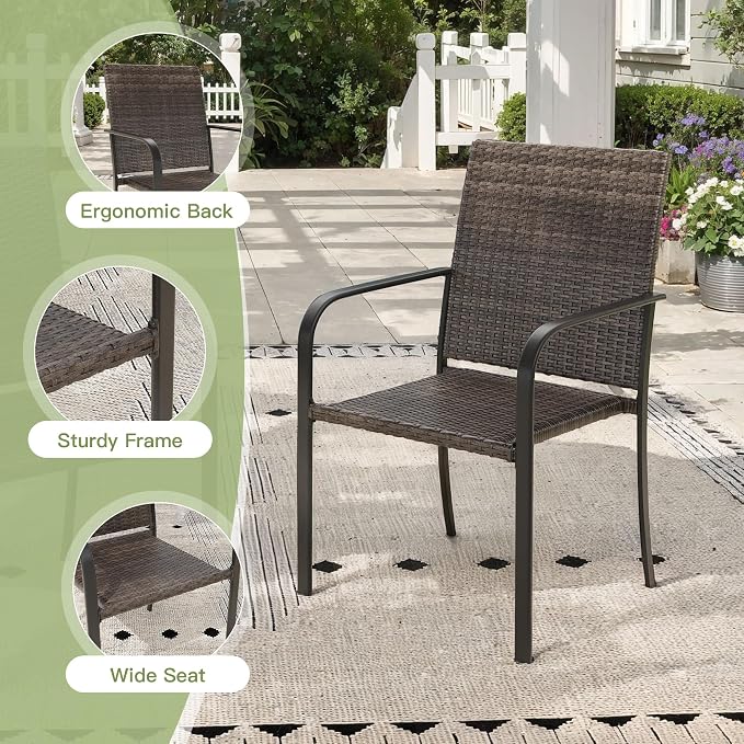 Outdoor Dining Set for 6, 47.3" Metal Round Outdoor Dining Table with Umbrella Hole and Wicker Stackable Patio Chairs, 7 Pieces Patio Table and Chairs Set for Garden Backyard, Walnut