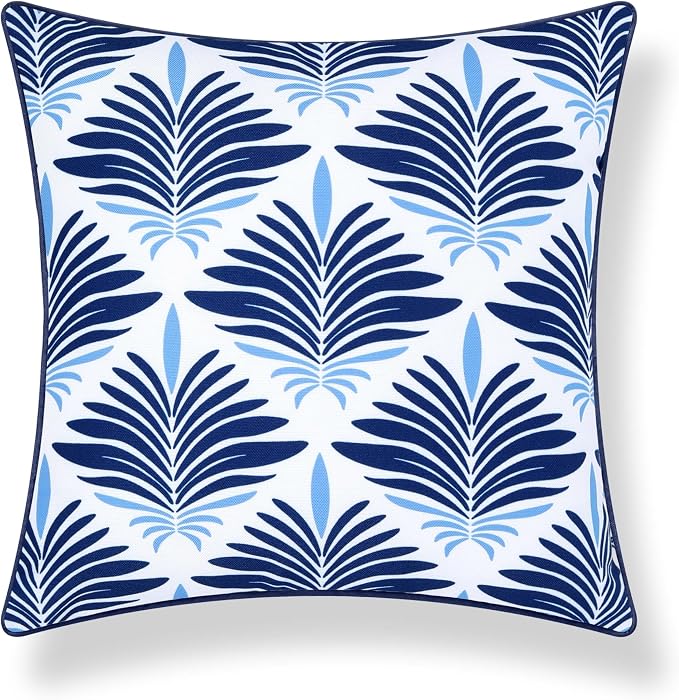 Hofdeco Premium Coastal Hampton Patio Indoor Outdoor Throw Pillow Cover Only, 20"x20" Water Repellent for Backyard, Couch, Poolside, Navy Blue Print Abstract Plam Leaves