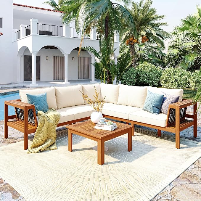 Merax 4 Pieces Patio Furniture Set, Outdoor L-Shaped Sectional Sofa Set with Coffee Table, Acacia Wood Conversation Seating & Thick Cushions and Side Table, for Backyard, Garden and Poolside, Beige