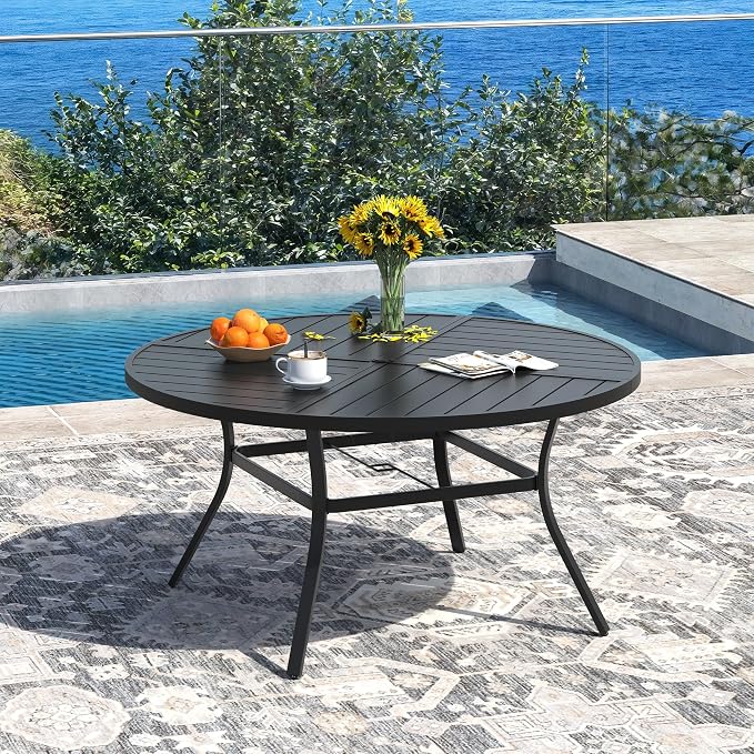 DIFY 7 Pieces Outdoor Dining Set for 6, 50" Black Round Metal Table with 4 Stackable Wicker Patio Chairs & 2 Swivel Chairs, Patio Furniture Set with Cushions and Umbrella Hole, Wheat Rattan