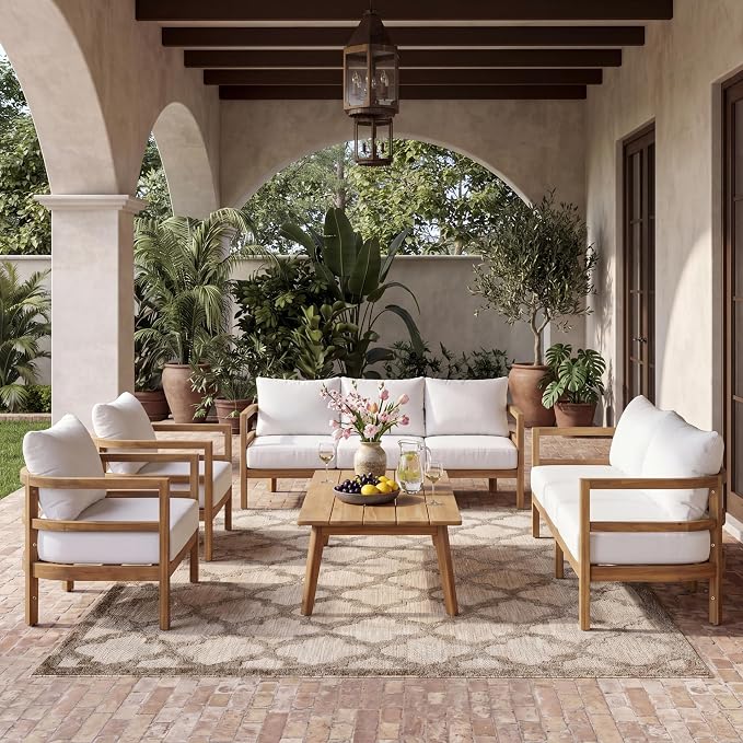 Christopher Knight Home Molly 5-Piece Patio Furniture Set, Solid Wood Outdoor Conversation Set with Coffee Table, Outdoor Sofa Set with Loveseat, Club Chairs And 3-Seater Sofa for Backyard, Teak+White