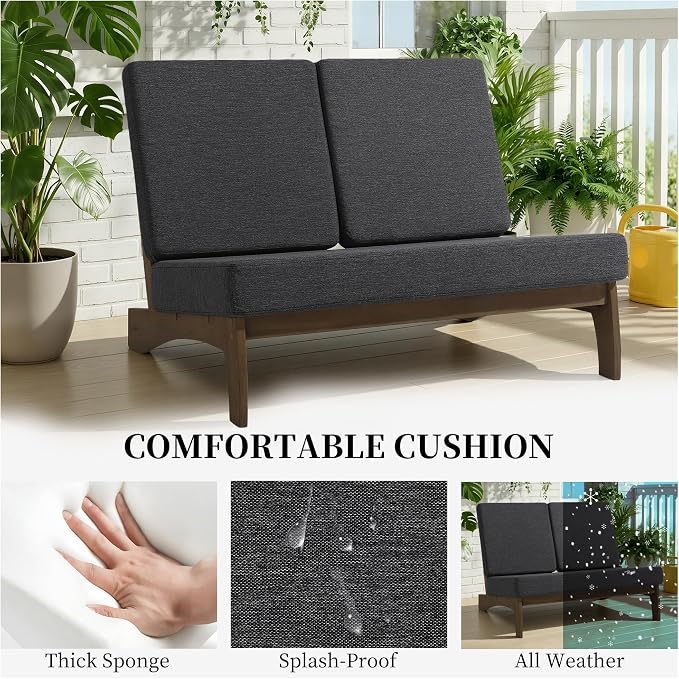 All Weather Wood Patio Furniture Sets, 3 Pieces Patio Loveseat Sofa Outdoor Sectional Futniture Backyard Conversation Set with Solid Wooden Coffee Table - Dark Gray
