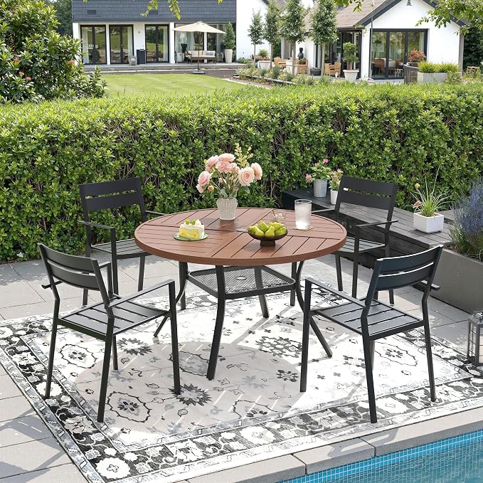 DIFY 5 Piece Outdoor Patio Dining Set for 4, 40.6" Round Dining Table with Umbrella Hole and Stackable Metal Chairs, Patio Table and Chairs Set for Backyard Garden Poolside, Walnut & Black