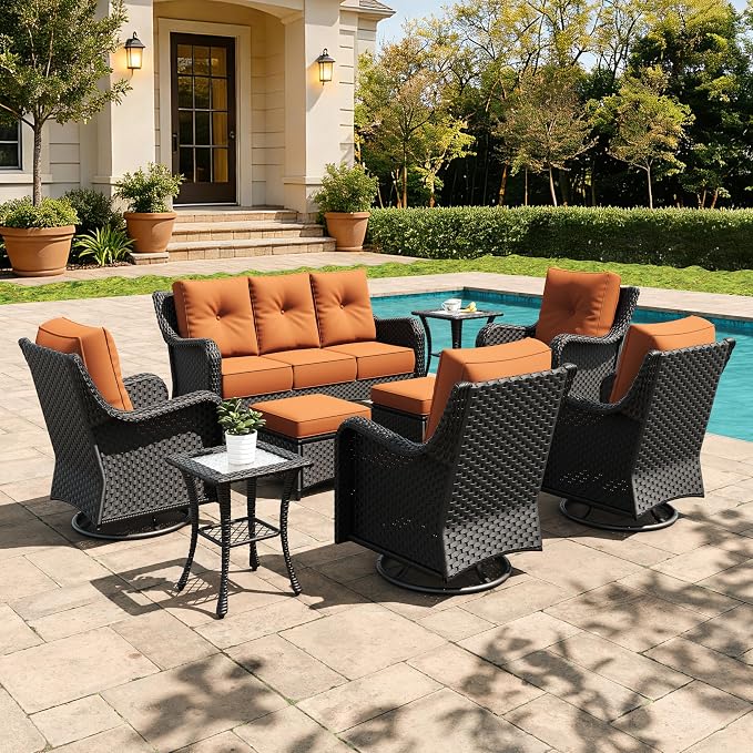 9 Pieces Outdoor Furniture Set with 6-inch Cushions, High Back Wicker Swivel Rocker Chairs with Coffee Table, Luxury Conversation Set for Deck Patio and Poolside