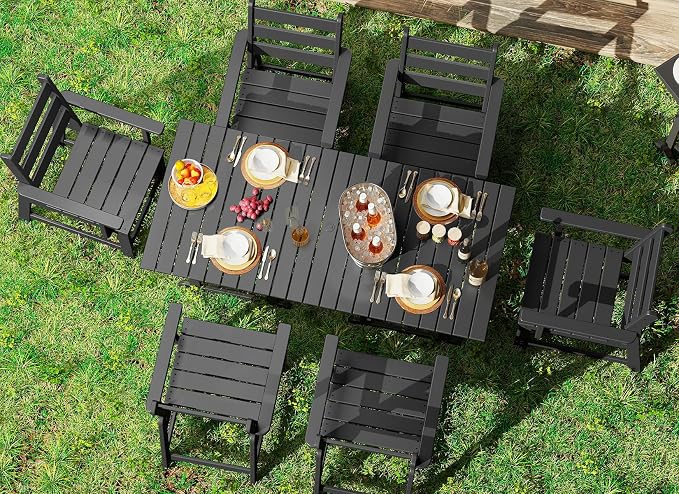 GREENVINES 7-Piece-Outdoor-Table-and-Chairs | HDPE | Patio Furniture | Dining Sets for 6 | Removable Armrests | All Weather | Connectable Tables | for Backyard Poolside Garden | Black