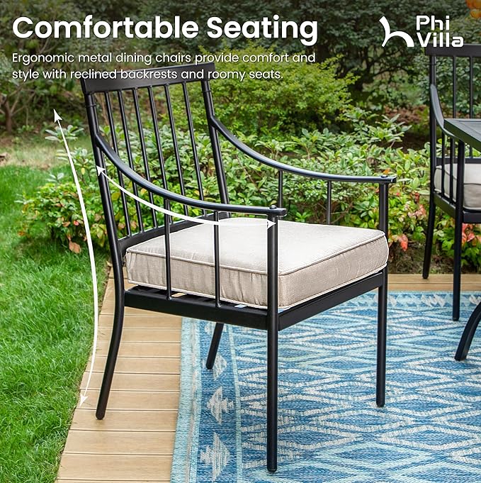 PHI VILLA 9 Piece, Outdoor Dining Set, 57.5"x57.5" Table, Cushioned | Wrought Iron, 2.0" Umbrella Hole, Weather-Resistant, 300 lbs Capacity
