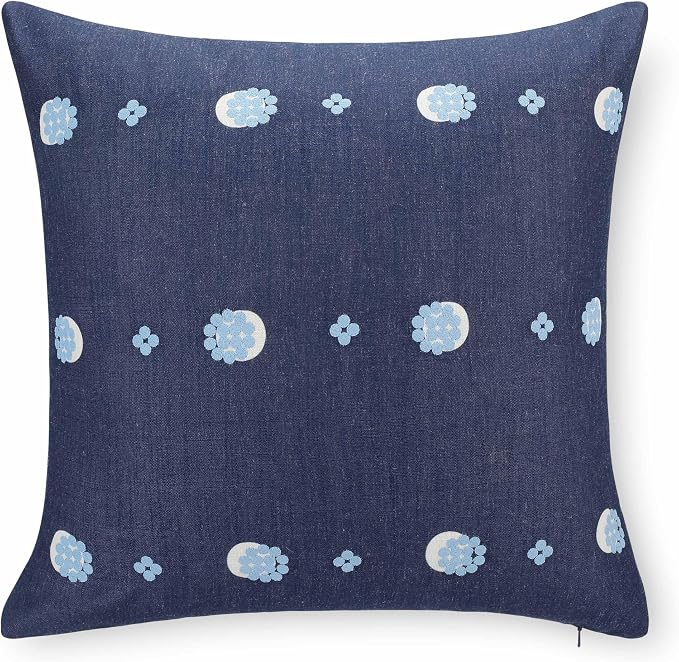 California Casual Coastal Indoor Outdoor Throw Pillow Cover, 20"x20" Water Repellent for Patio, Backyard, Couch, Dark Navy Blue Embroidered Striped Dots