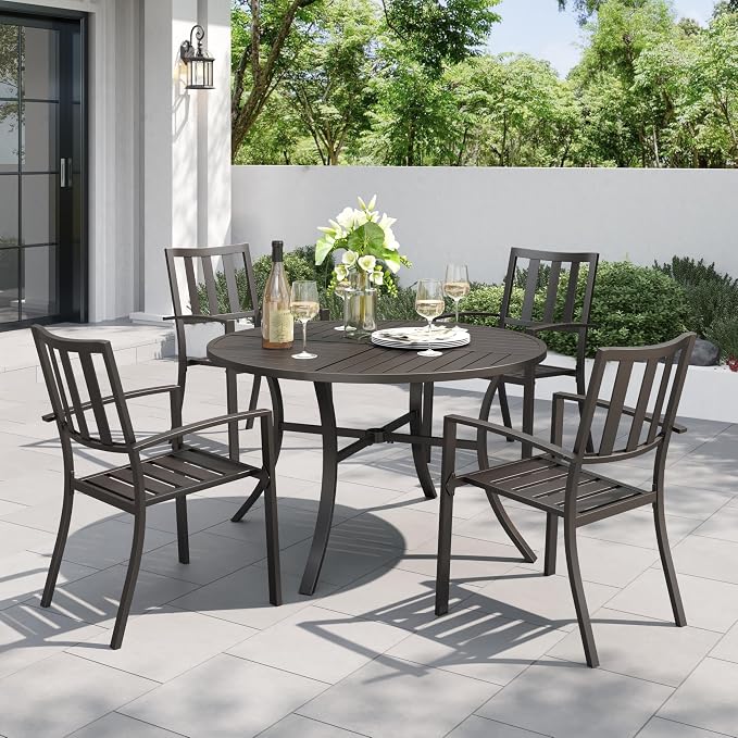 PHI VILLA 5 Pcs Patio Dining Set, 42" Round Steel Table w/Umbrella Hole | Round metal table w/ 1.57" umbrella hole&4 Black Stacking Metal Chairs for Patio, Deck, Yard, Porch