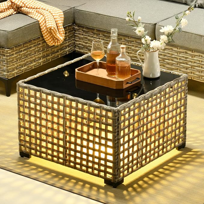 CAODOC 11 Pieces Outdoor Patio Furniture Set, Rattan Wicker Sectional Swivel Rocker Chairs Sets with Fire Pit, Swivel Glider Chairs, and Solar Powered Table