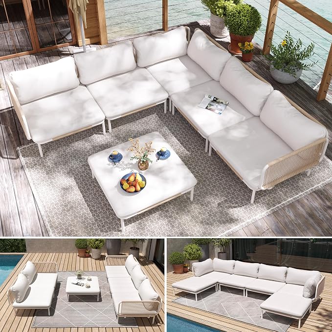 6-Piece Patio Furniture Set, Oversized Outdoor Sectional Sofa with Thick Cushions, Weather-Resistant Metal Frame Conversation Set for Backyard, Garden, Poolside - Beige Cushion
