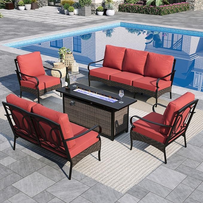Sophia & William Patio Furniture Set with Fire Pit Table, 5 PCS Metal Outdoor Conversation Set with Fire Pit Table, 2 Sofa Chairs,1 Loveseat, 3-Seater Couch for Outdoor Seating, Backyard, Porch(Red)