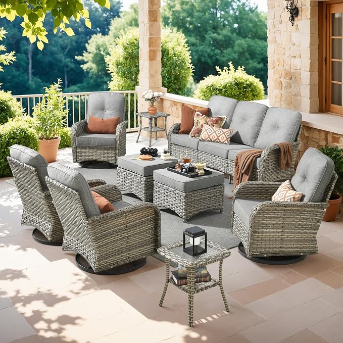 HOOOWOOO Outdoor Patio Furniture Set with Swivel Chairs,9 Pieces Wicker Conversation Set,All Weather High Back Couch Sofa Rocker Chairs Ottomans Set,Charcoal Gray