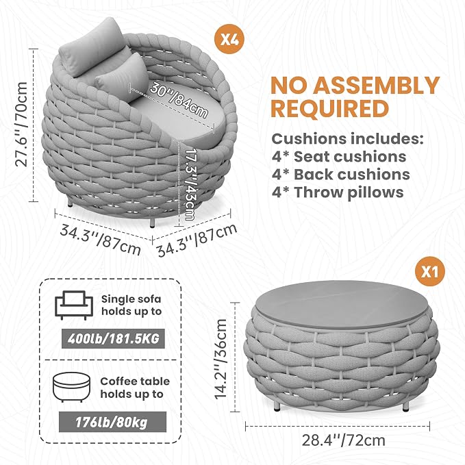 Front Porch Furniture Set: 5 Pieces Aluminum Patio Conversation Set All Weather - Cushioned Outdoor Sofa Set Assembled - Modern Metal Couch Seating for 400lbs Deck Garden Poolside Hotel - Gray