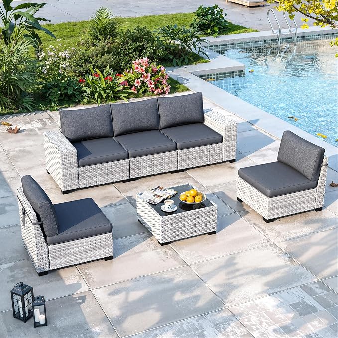 6 Piece Outdoor Sectional Sofas, 5-Seats Wicker Patio Furniture Set with 4" Thickened Cushions & Coffee Table, All-Weather PE Rattan for Garden, Backyard, Patio, Charcoal Gray